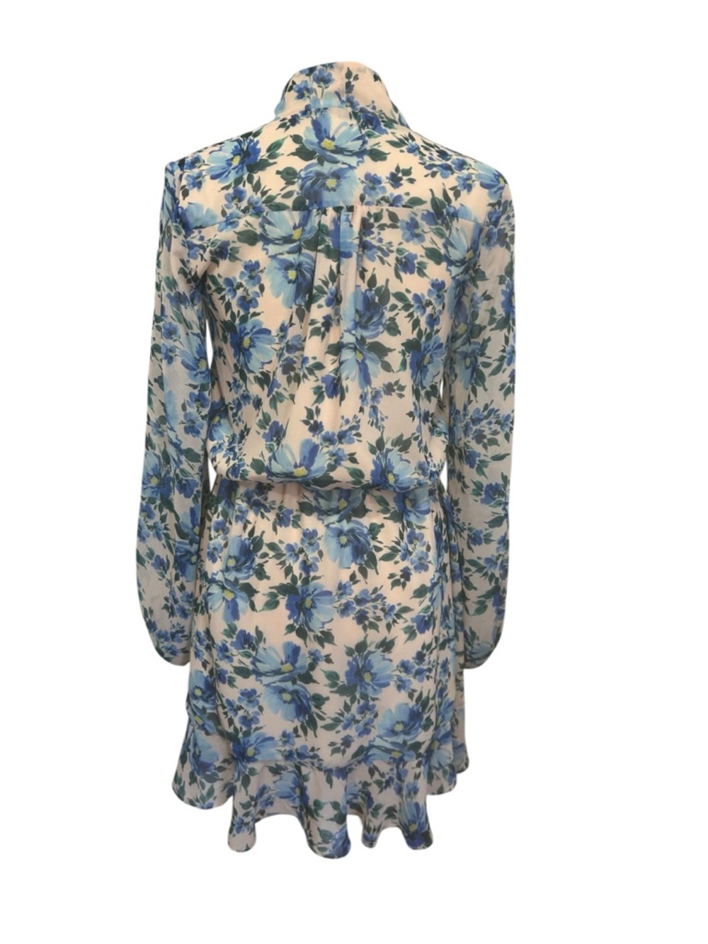 Alexa Admor Floral Mini Dress Blue Blush Elastic Waist Sheer Sleeve Womens sz 2 - Picture 3 of 13